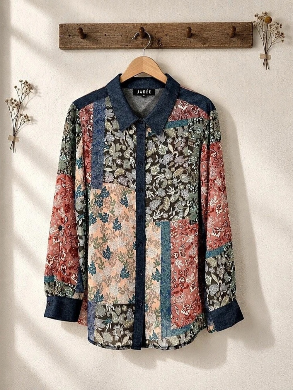 Innée  Women's Patchwork Button-Down sheer Shirt in Blue